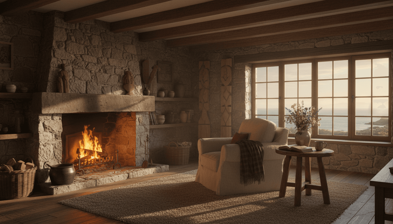 Cosy living room in the apartment with a wood-burning stove and a comfortable sofa