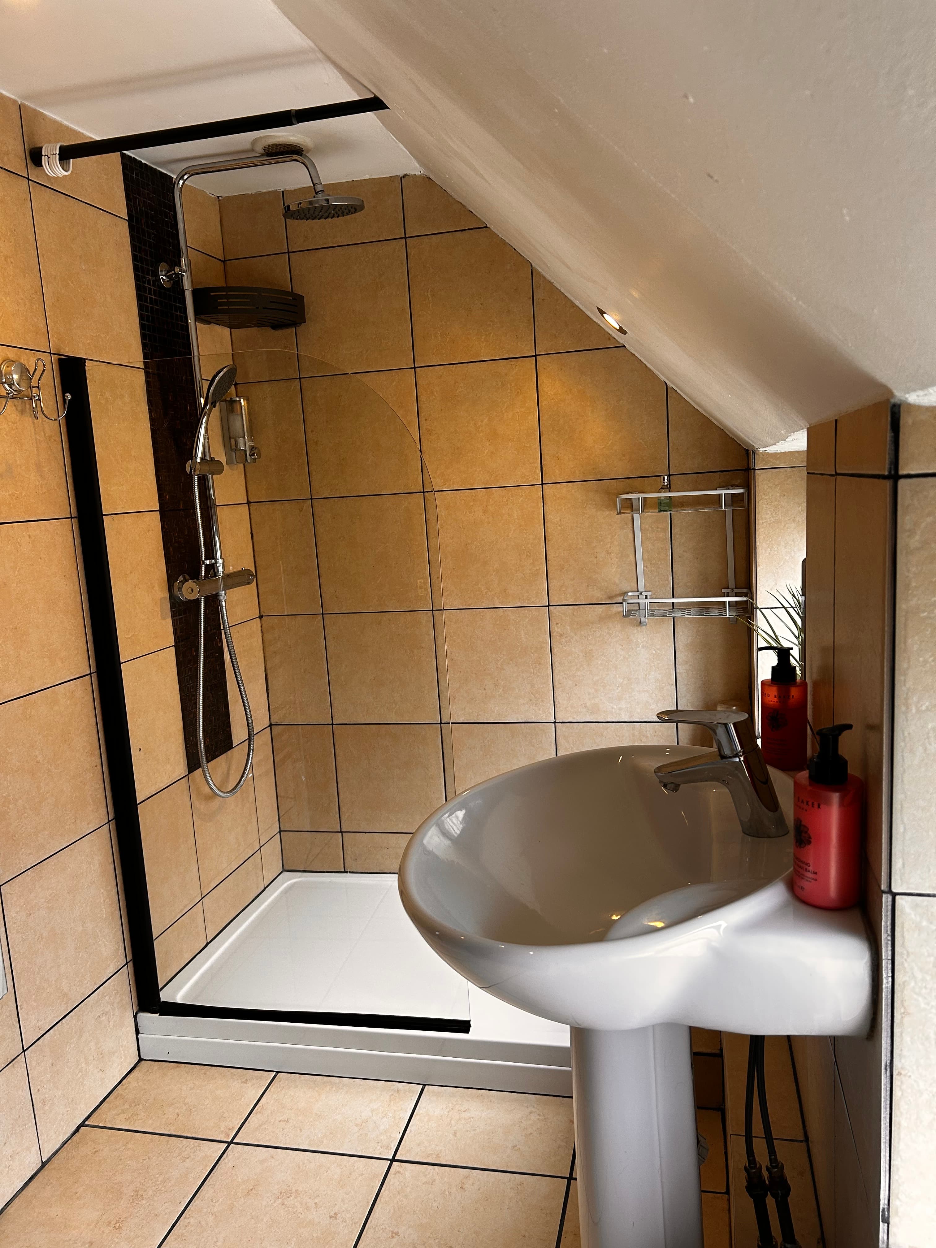 Small bathroom with sloped ceiling, tan tiles, glass walk-in shower, and white pedestal sink.
